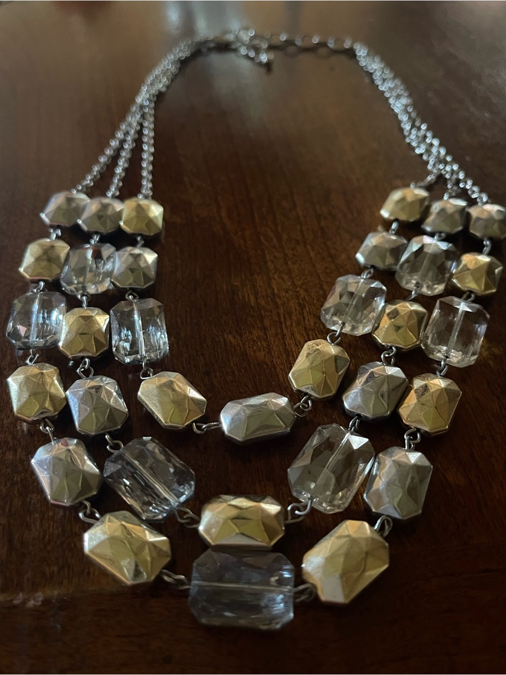 Silver, Gold and Clear Faceted Beads 3-Strand Necklace - Picture 2 of 4